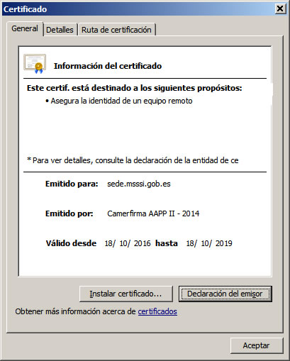 Descripción certificado emitido por Sede Electrónica